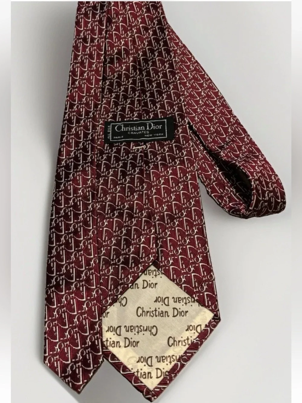 Vintage Christian Dior Burgundy Oblique Trotter Pattern Logo Monogram Silk Tie